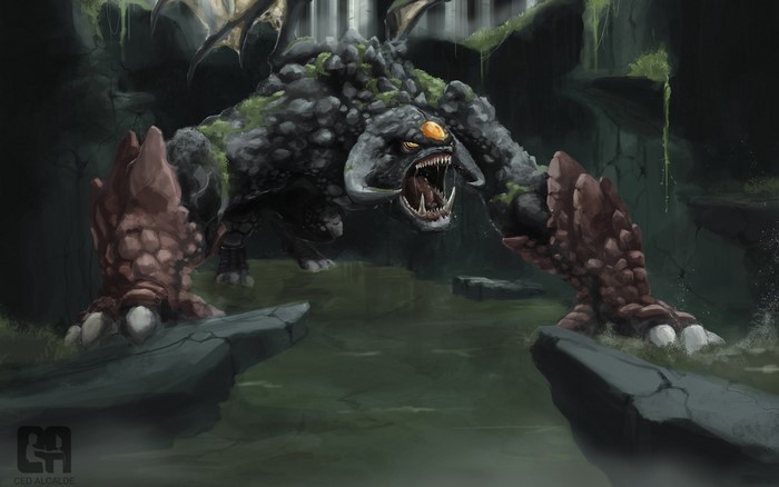Roshan from DOTA 2 in a swampy cave