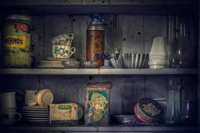 Vintage kitchenware on shelves