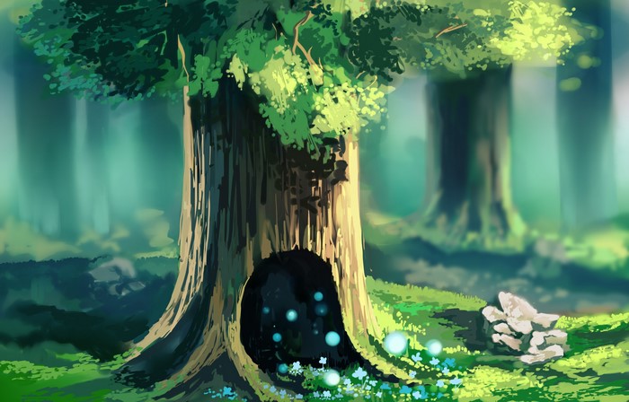 A magical forest with a large tree and glowing orbs