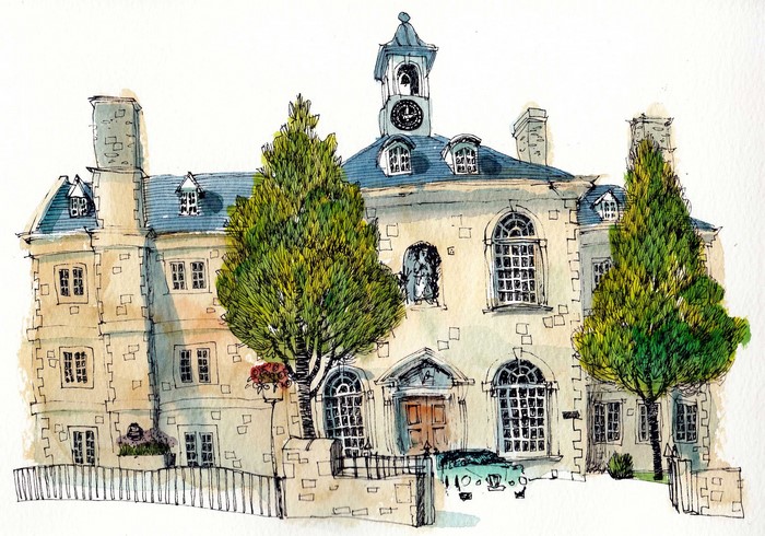 Watercolor painting of a building with trees and a car