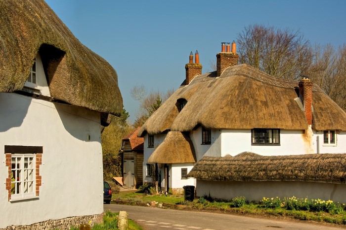 Thatched roof cottages in a rural English village