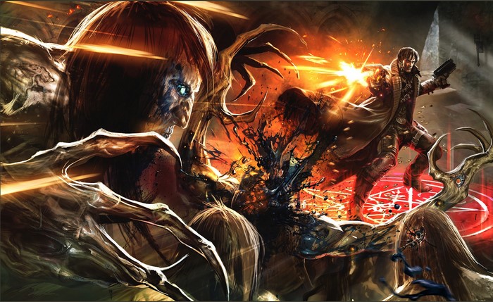 Man fighting monsters with guns