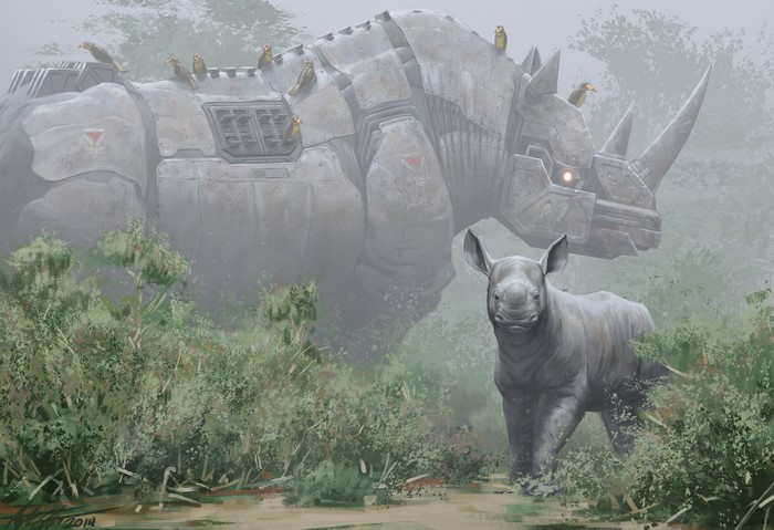 Robot Rhino and Cub with Birds