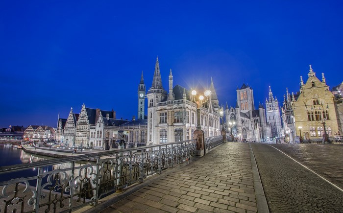 Ghent Belgium at Night with River and Bridges