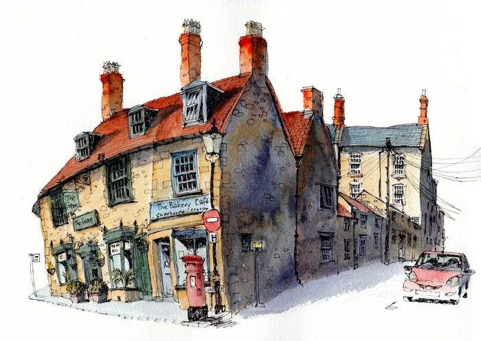Watercolor painting of Sherborne, England street scene