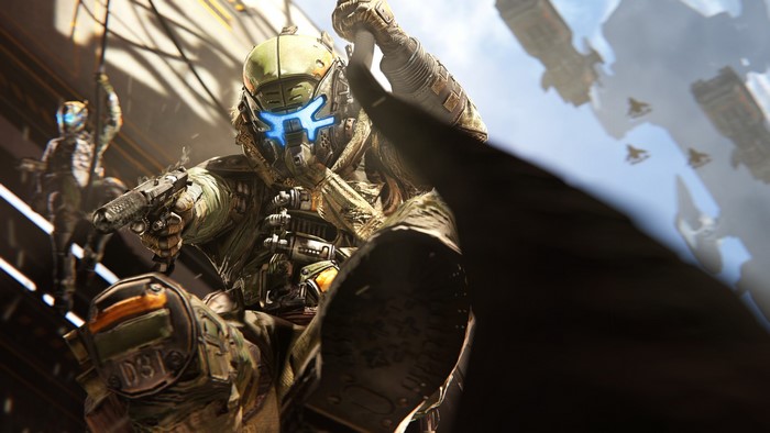 Titanfall pilot with pistol in front of airships