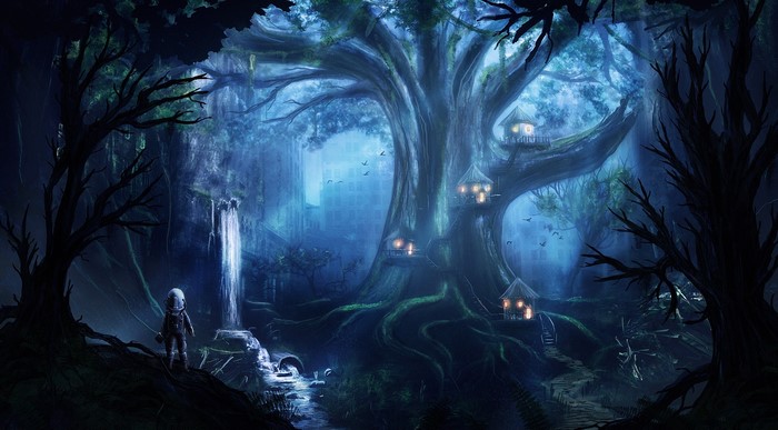 Astronaut in a magical forest with treehouses