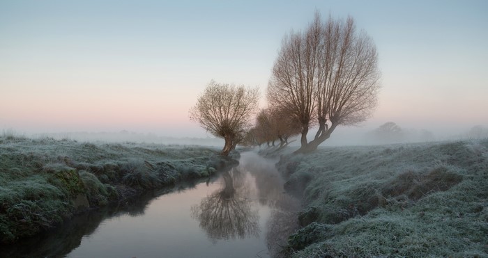 Winter mist over a river lined with trees