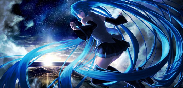 Hatsune Miku from Vocaloid in a starry sky