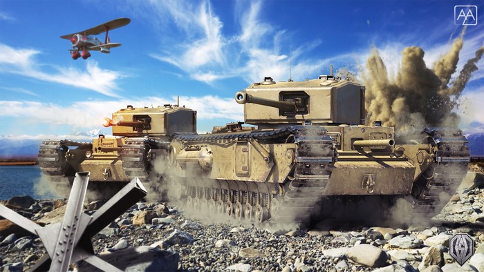 World of Tanks: Churchill tanks and biplane in battle