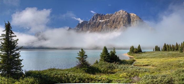 Misty mountain lake with pine trees and green landscape
