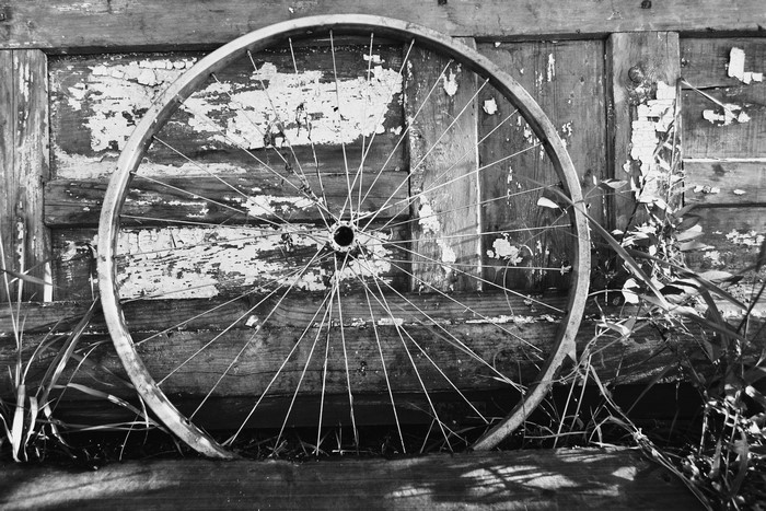 Old bicycle wheel leaning against weathered wooden planks