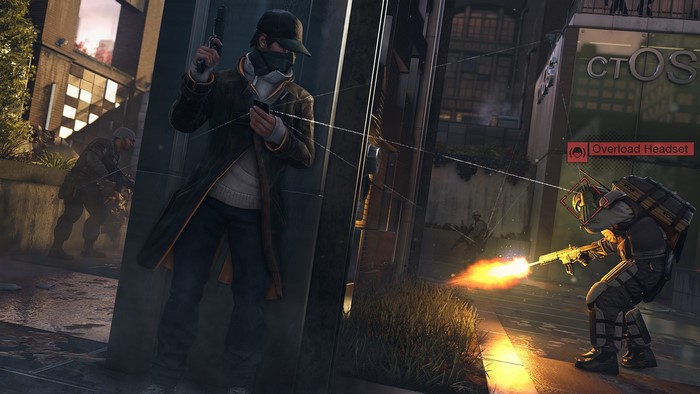 Man from Watch Dogs aiming a gun and using a phone