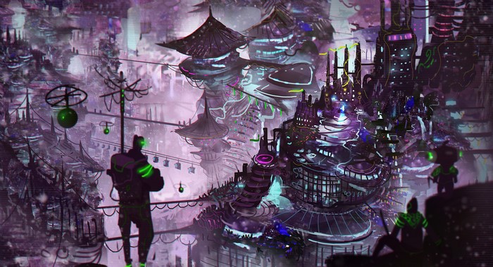 Fantastic world with futuristic houses at night