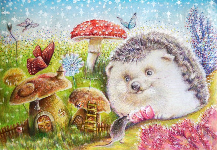 Hedgehog and Mouse in a Mushroom Village