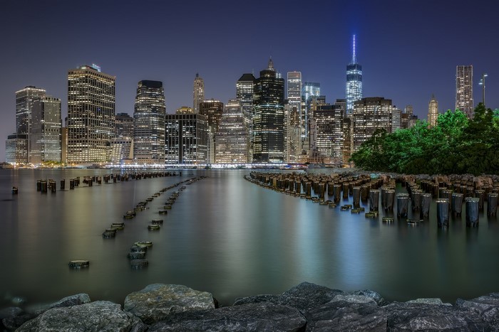 New York City skyline at night from the water