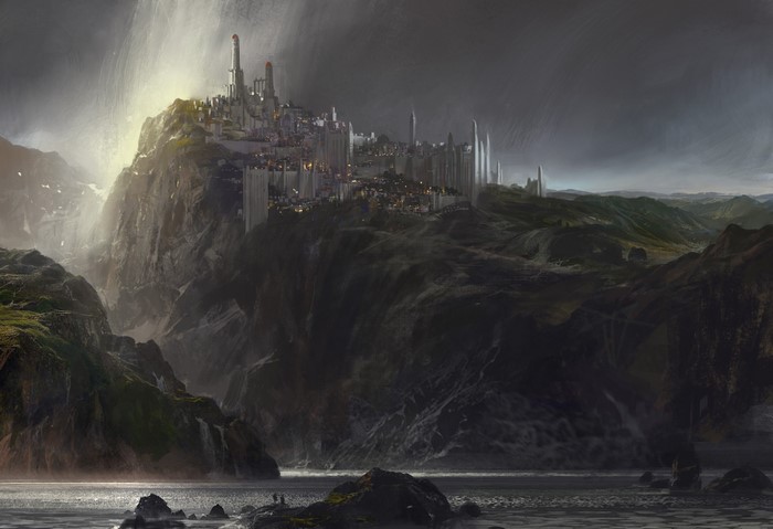 A castle city on a rocky crag under a stormy sky