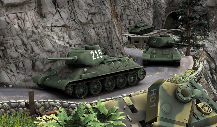 T-34 Tanks on a Mountain Road