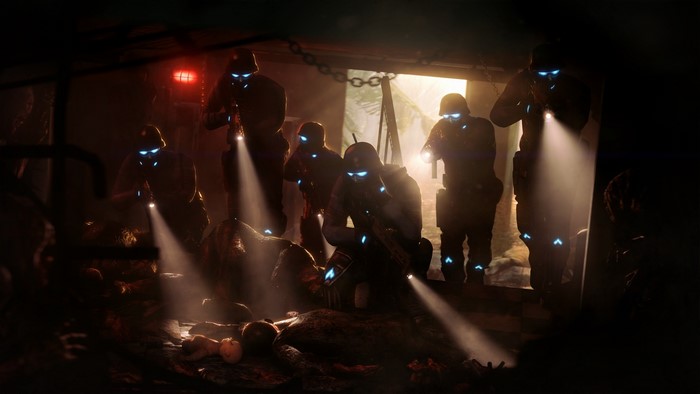 Soldiers with glowing eyes and flashlights in a dark environment