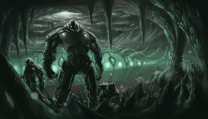 Robots in a cave with alien technology