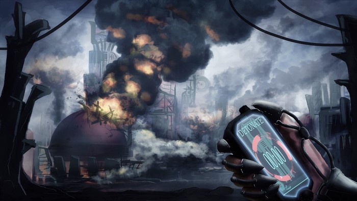 Explosion and smoke in a destroyed city with a detonator