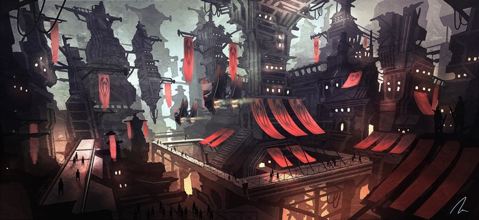 Fantastic world city with red banners