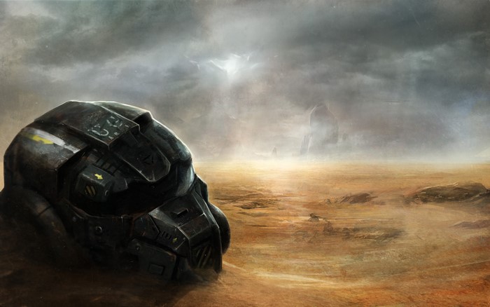 Helmet in a desolate landscape