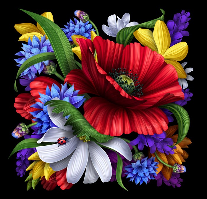 Poppies and other flowers with a ladybug