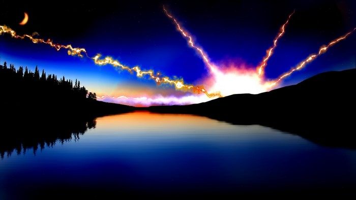 Night sky over a lake with lightning and moon