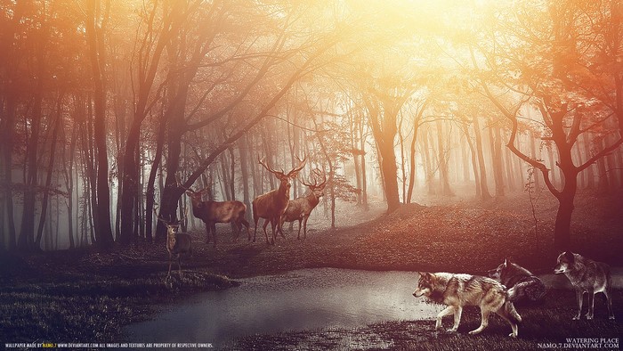 Deer and wolves in a misty forest