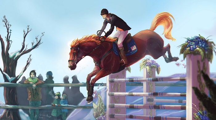 Equestrian sport painting of a horse jumping