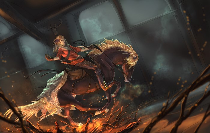Woman riding a horse through fire