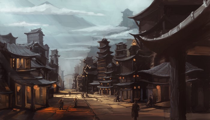 Fantasy Asian City Street with Pagodas
