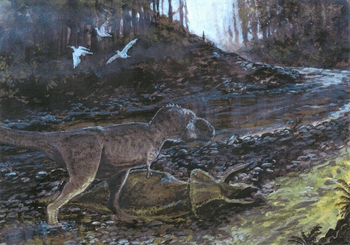 Tyrannosaurus Rex and Triceratops in a forest setting
