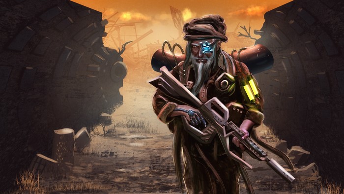 Post-apocalyptic warrior with rifle and cybernetic eye