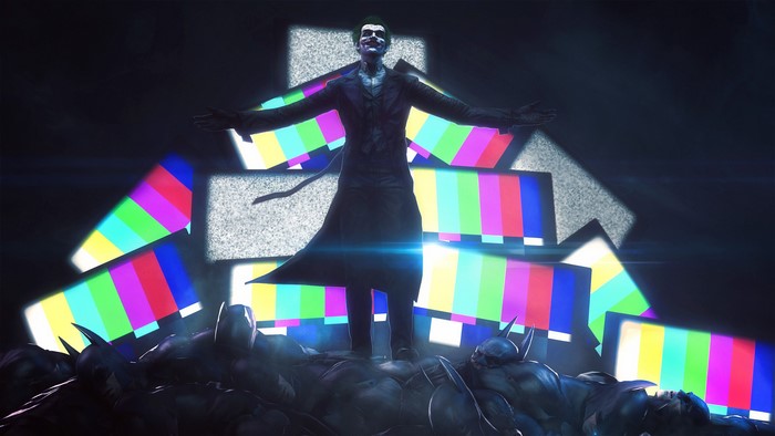 Joker standing on defeated Batmen with test pattern screens