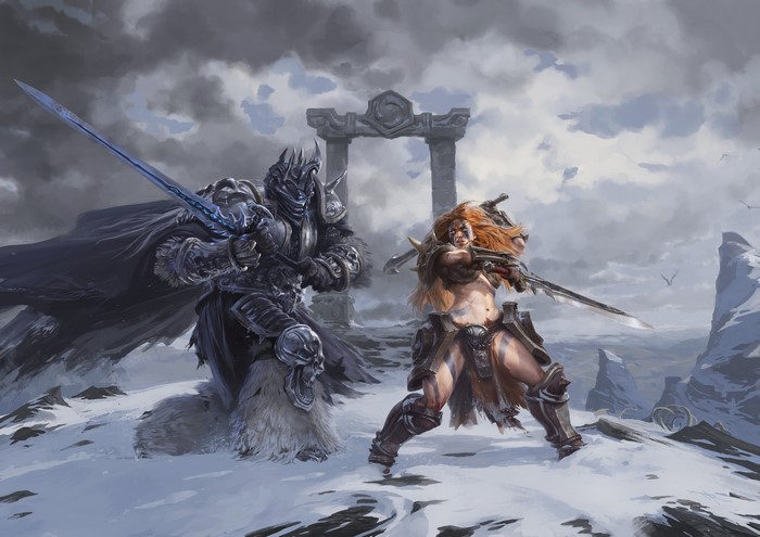 Arthas and Jaina from Heroes of the Storm fight in snow