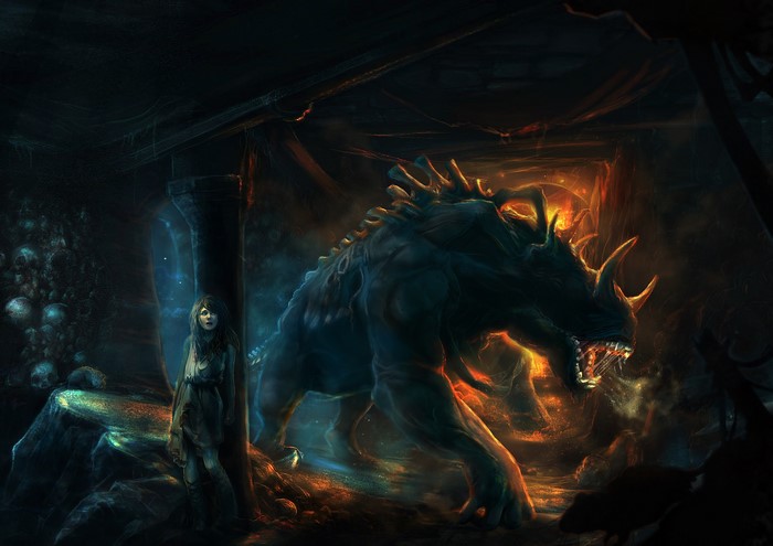 A girl and a monster in a dark cave
