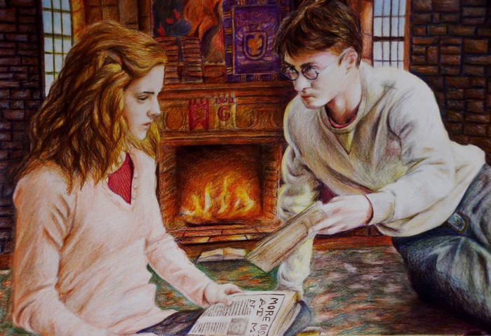 Harry Potter and Hermione Granger by a fireplace