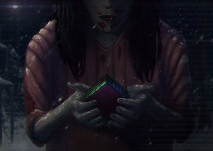 Girl with blood and a Rubik's Cube