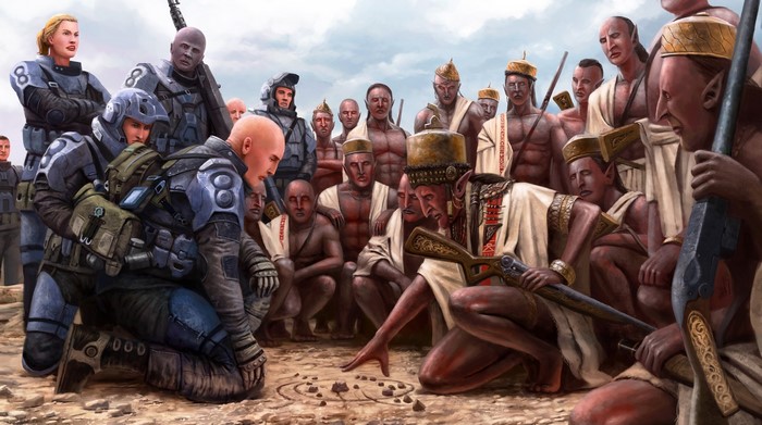 Soldiers and warriors gathered around a ground map