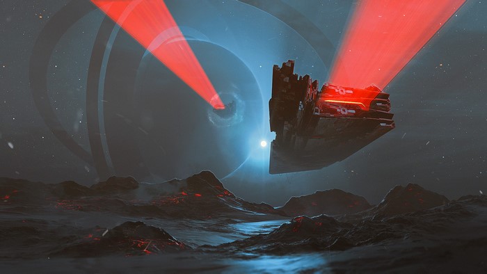 Spaceship firing red lasers near a ringed planet