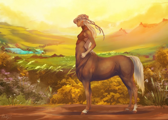 Elegant Centaur Amidst Golden Sunset Landscape