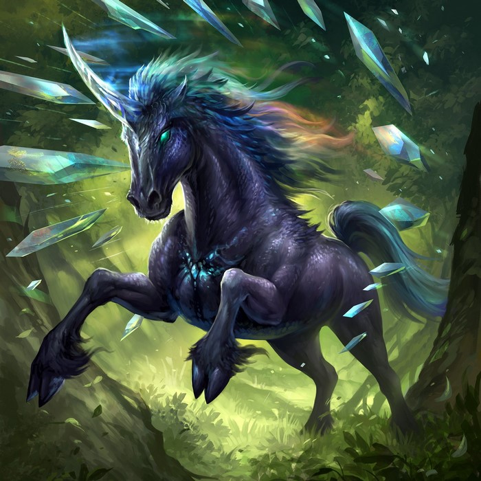 Dark Unicorn with glowing horn and eyes in forest