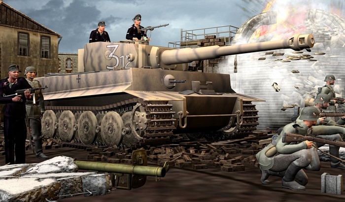 4K German Tiger Tank and Soldiers in Battle
