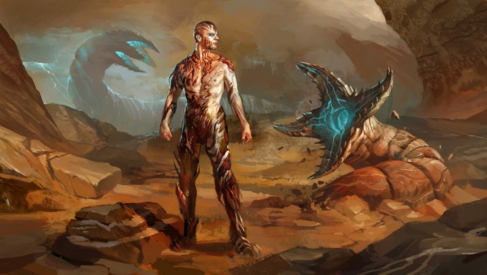 Warrior facing giant sandworms on a desert planet
