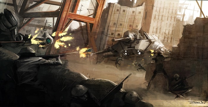 Soldiers in battle firing at a mechanical vehicle