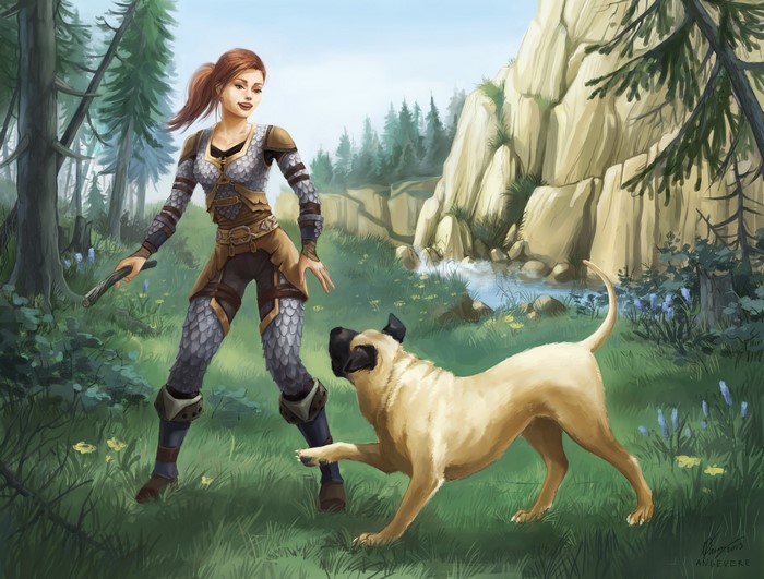 Woman with dog in a forest