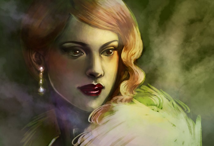 Painting of a woman with blonde hair and red lipstick