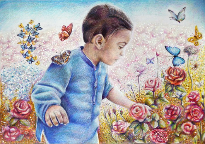 Boy in a garden with roses and butterflies